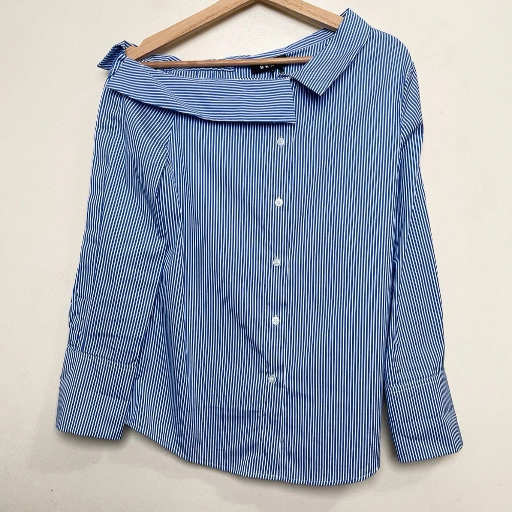 DKNY Womens Small Poplin Asymmetrical One Shoulder Button Shirt Stripes - Picture 2 of 12